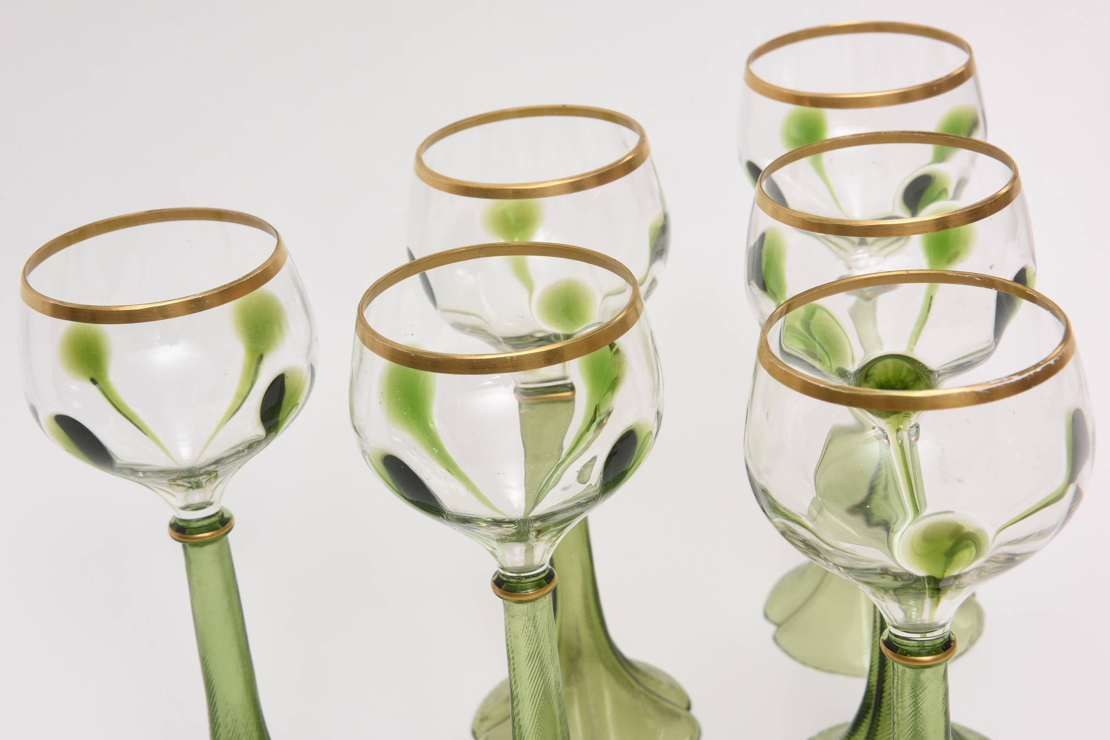 Art Glass Set of Six Art Nouveau Moser Trumpet Base Green Gold White Wine Glasses