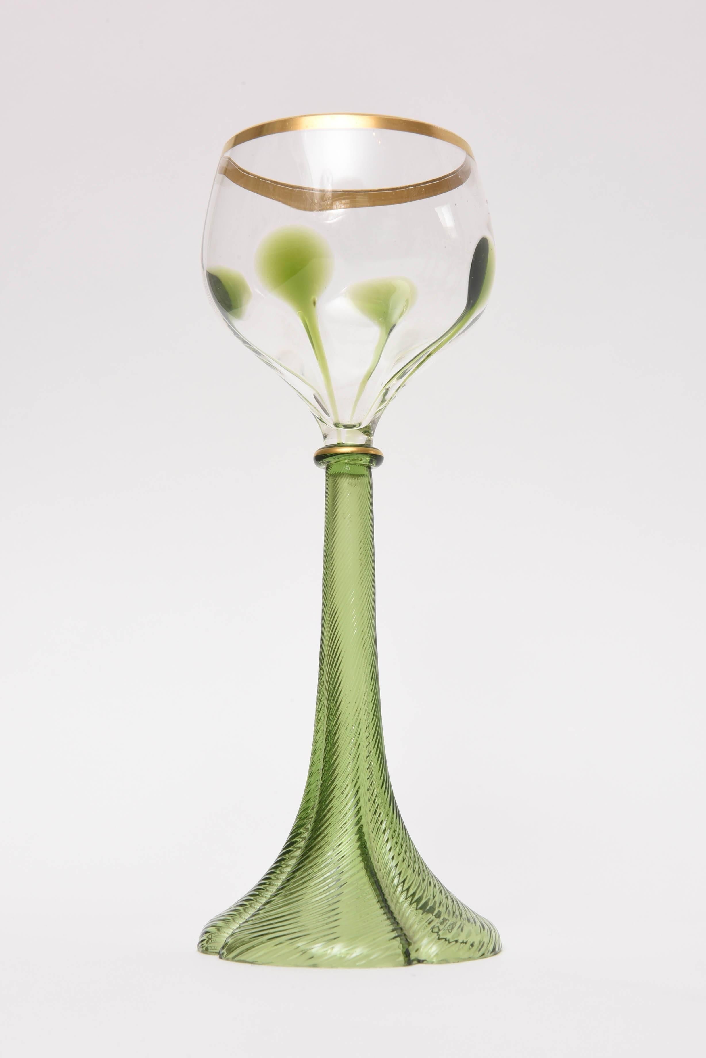 Set of Six Art Nouveau Moser Trumpet Base Green Gold White Wine Glasses 1