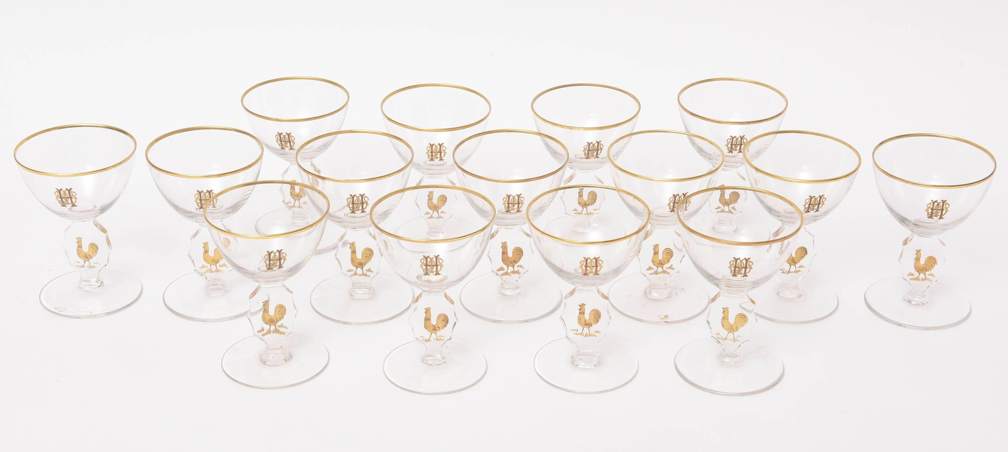 French Set of 15 Cocktail Glasses, Gilded Rooster with Cut Stem and Raised Monogram