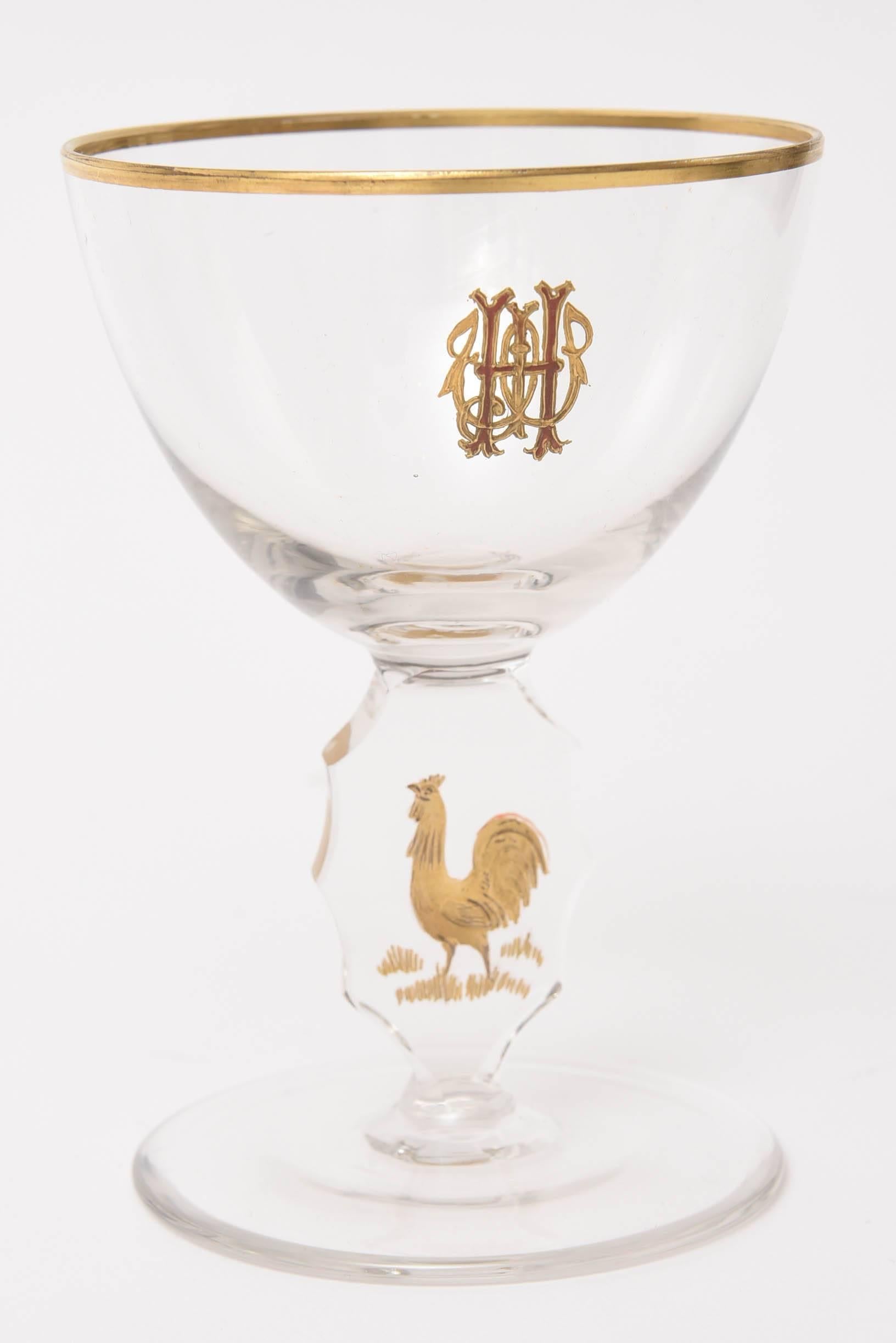 Hand-Crafted Set of 15 Cocktail Glasses, Gilded Rooster with Cut Stem and Raised Monogram