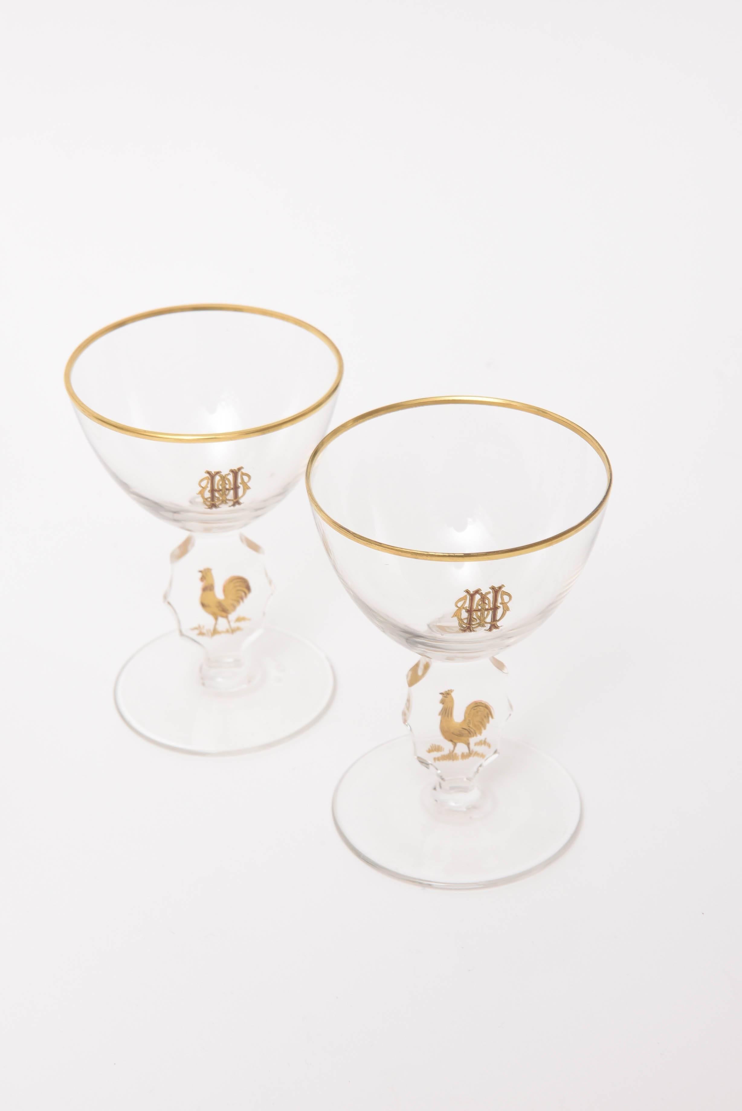 Set of 15 Cocktail Glasses, Gilded Rooster with Cut Stem and Raised Monogram In Good Condition In West Palm Beach, FL