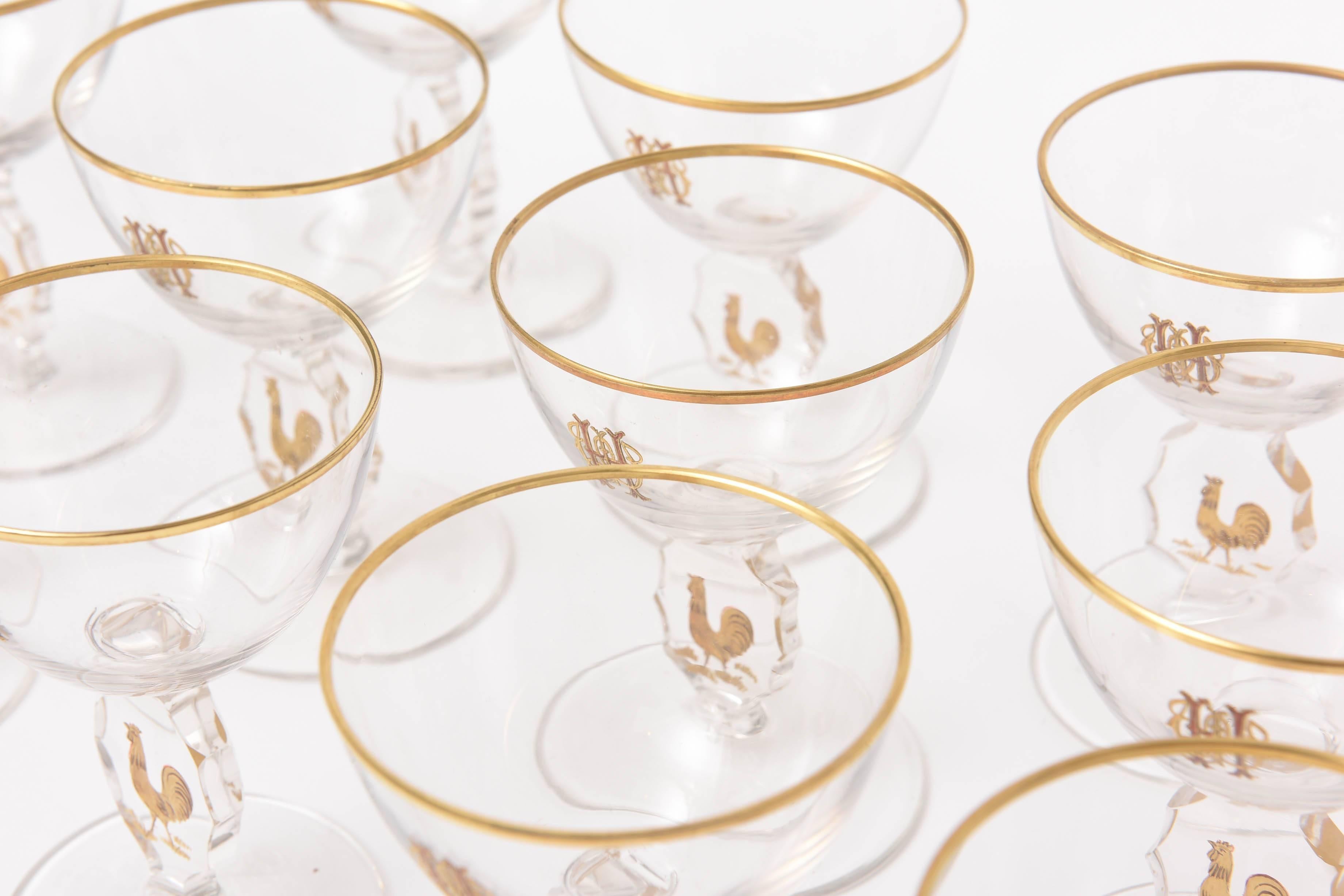 Early 20th Century Set of 15 Cocktail Glasses, Gilded Rooster with Cut Stem and Raised Monogram
