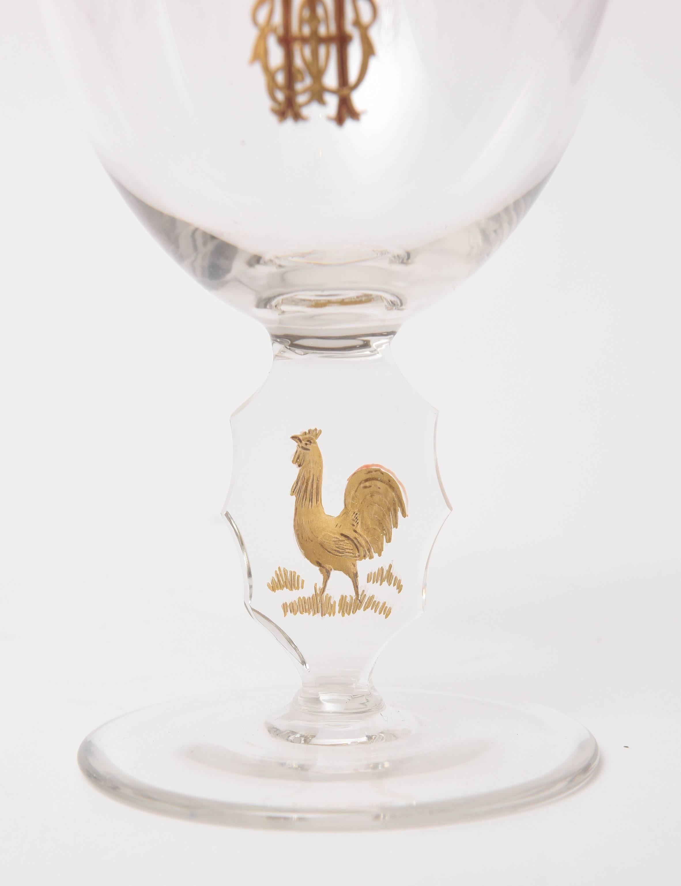 Crystal Set of 15 Cocktail Glasses, Gilded Rooster with Cut Stem and Raised Monogram