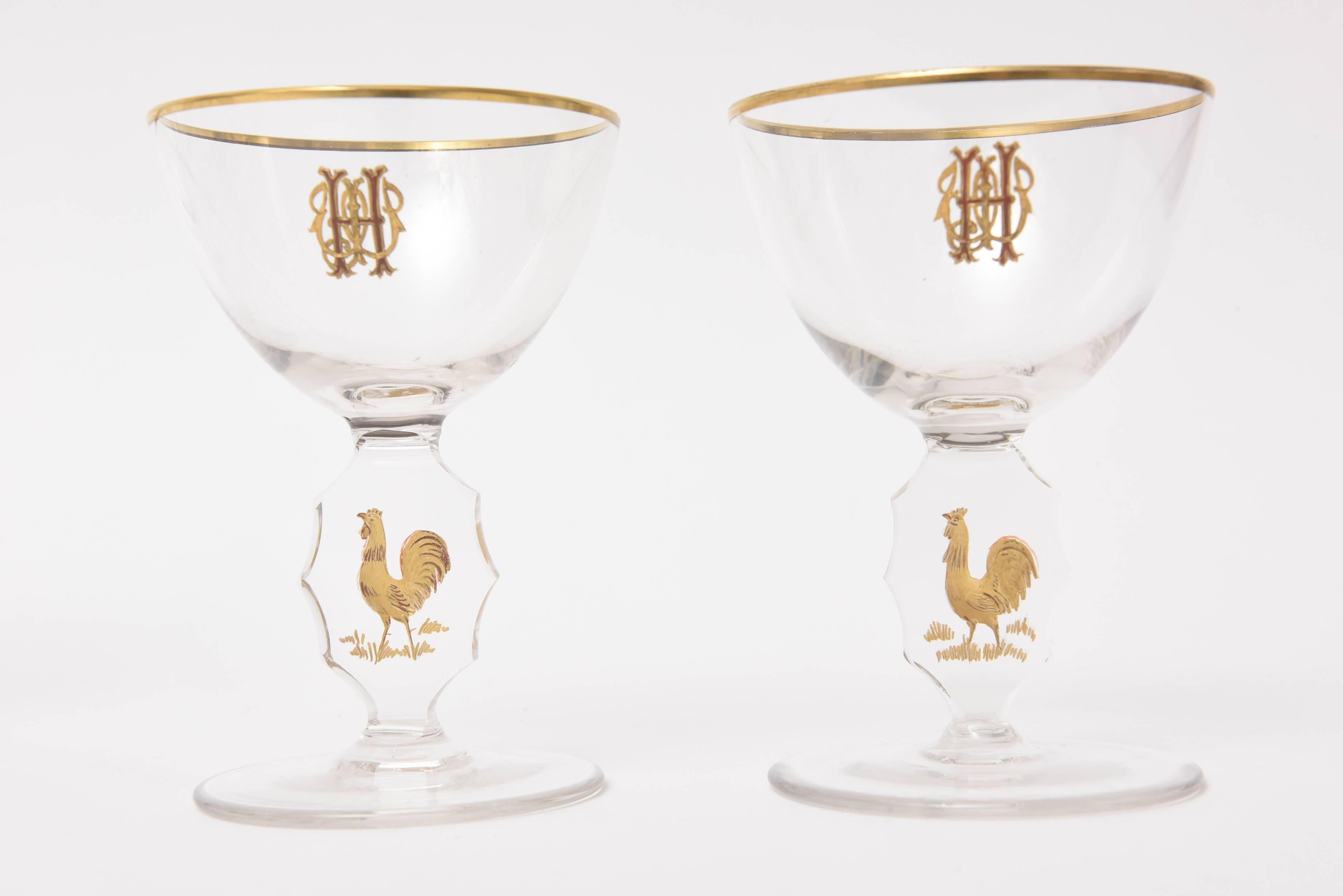 Set of 15 Cocktail Glasses, Gilded Rooster with Cut Stem and Raised Monogram 1