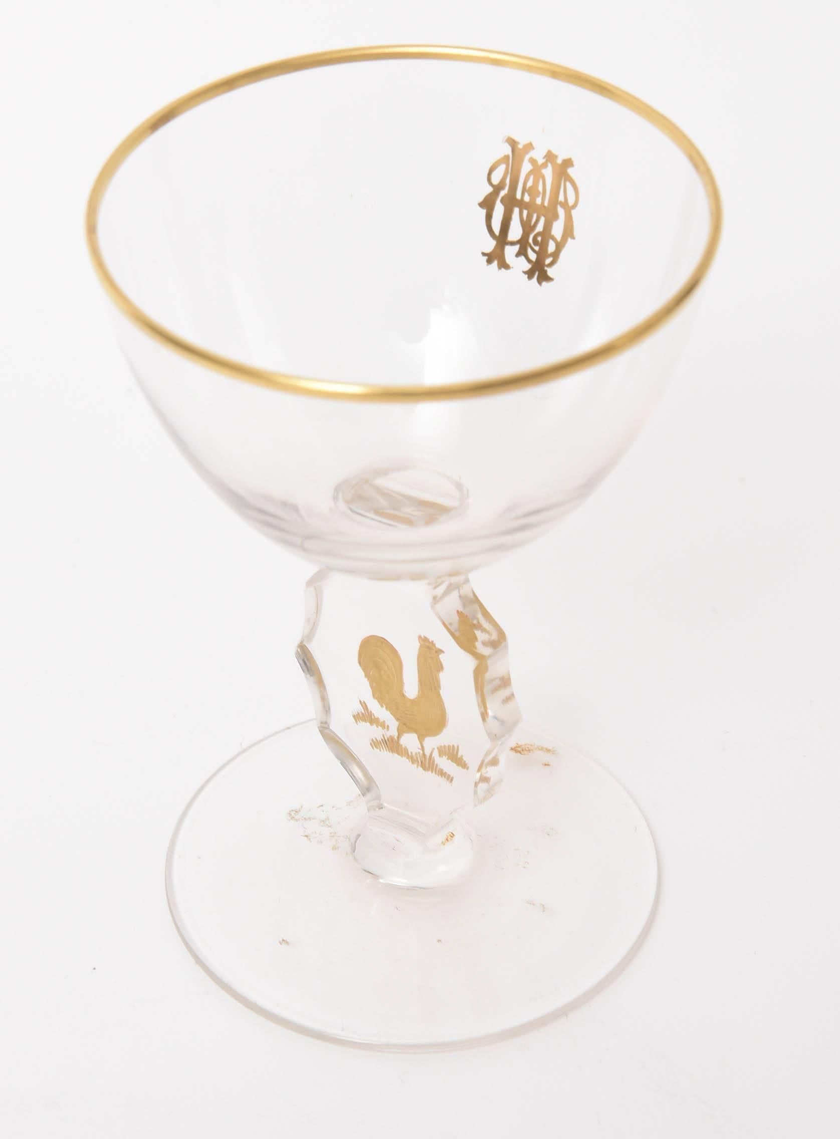 Set of 15 Cocktail Glasses, Gilded Rooster with Cut Stem and Raised Monogram 3