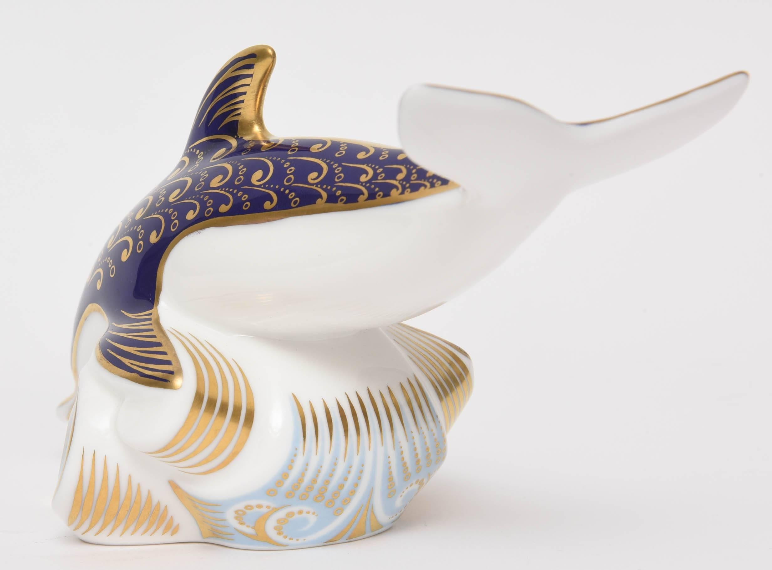 Royal Crown Derby Dolphin Cobalt Blue and Gold Hand-Painted Paperweight In Good Condition In West Palm Beach, FL