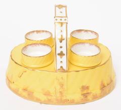 Antique English Egg Coddler Set, Rare Yellow Color for Four, Hand Decorated Gold