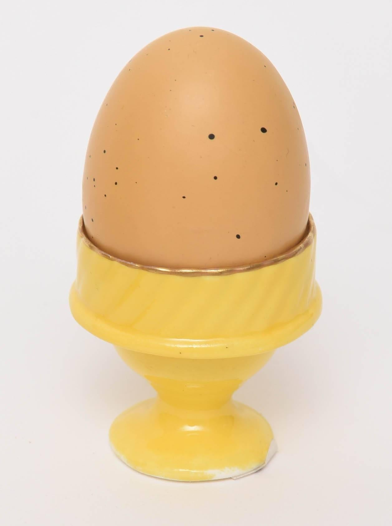 Victorian Antique English Egg Coddler Set, Rare Yellow Color for Four, Hand Decorated Gold