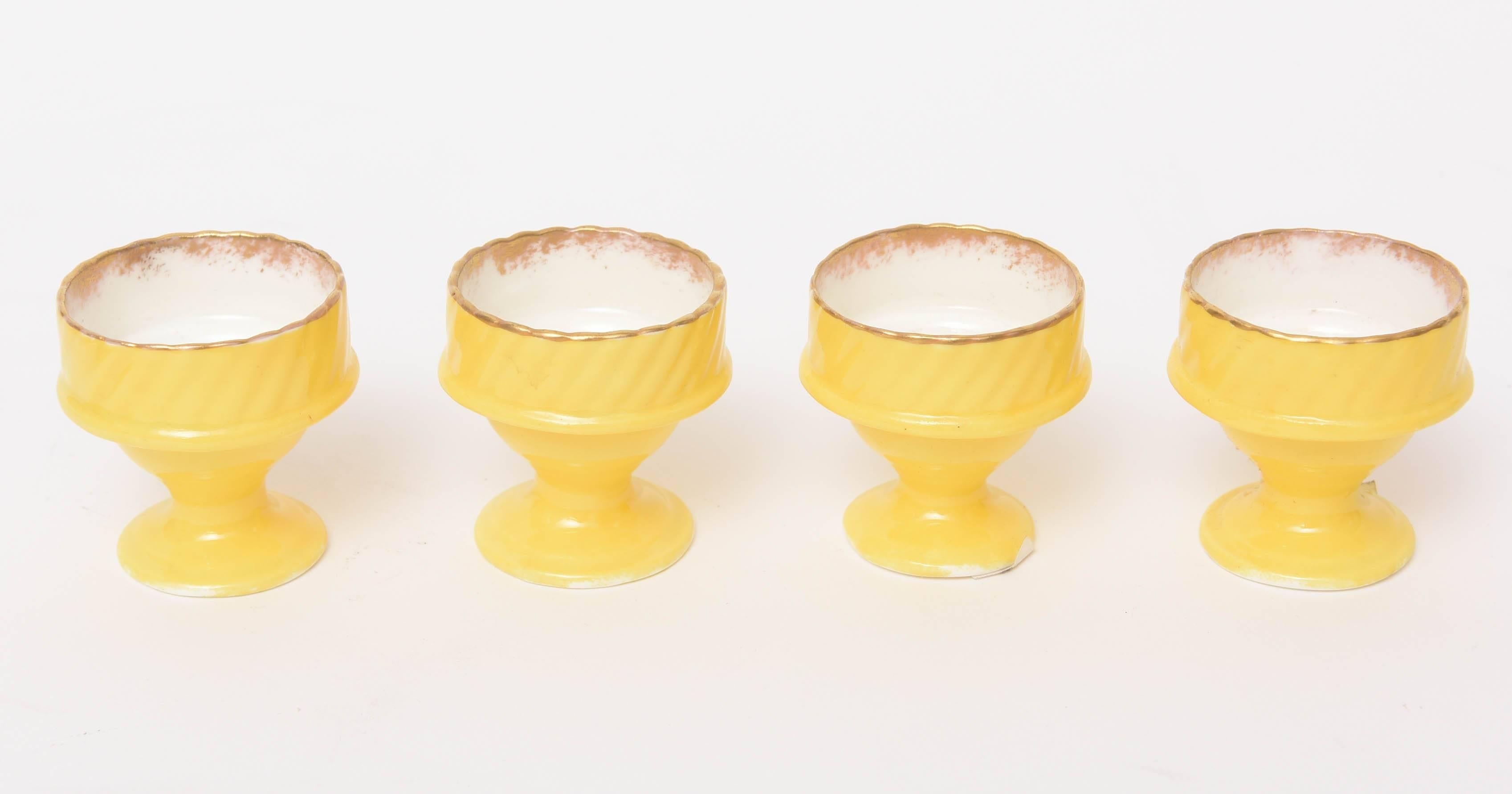 Hand-Painted Antique English Egg Coddler Set, Rare Yellow Color for Four, Hand Decorated Gold