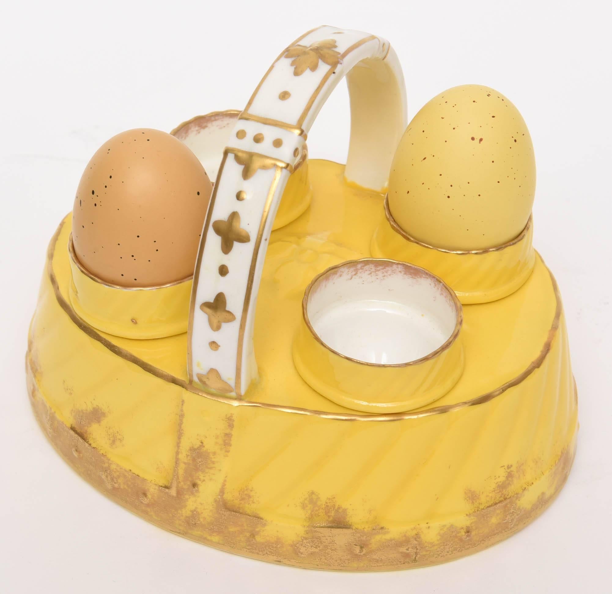Antique English Egg Coddler Set, Rare Yellow Color for Four, Hand Decorated Gold 1