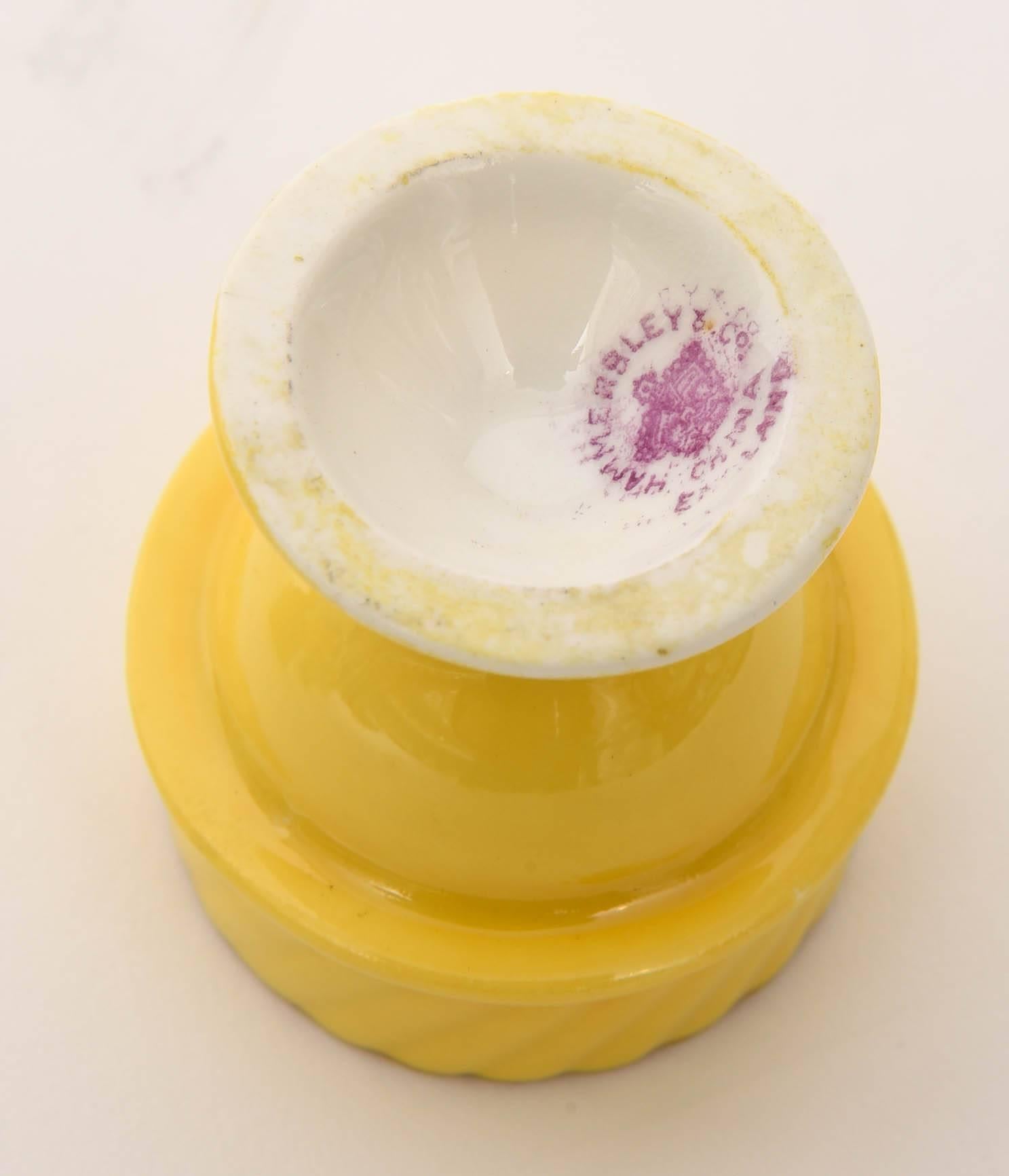 Antique English Egg Coddler Set, Rare Yellow Color for Four, Hand Decorated Gold 2