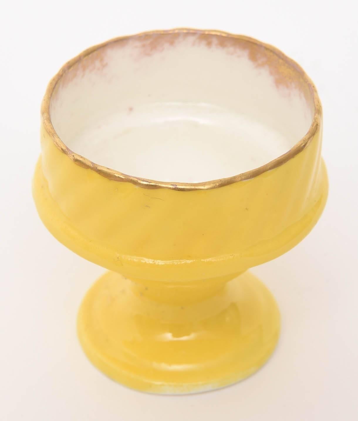 Antique English Egg Coddler Set, Rare Yellow Color for Four, Hand Decorated Gold 3