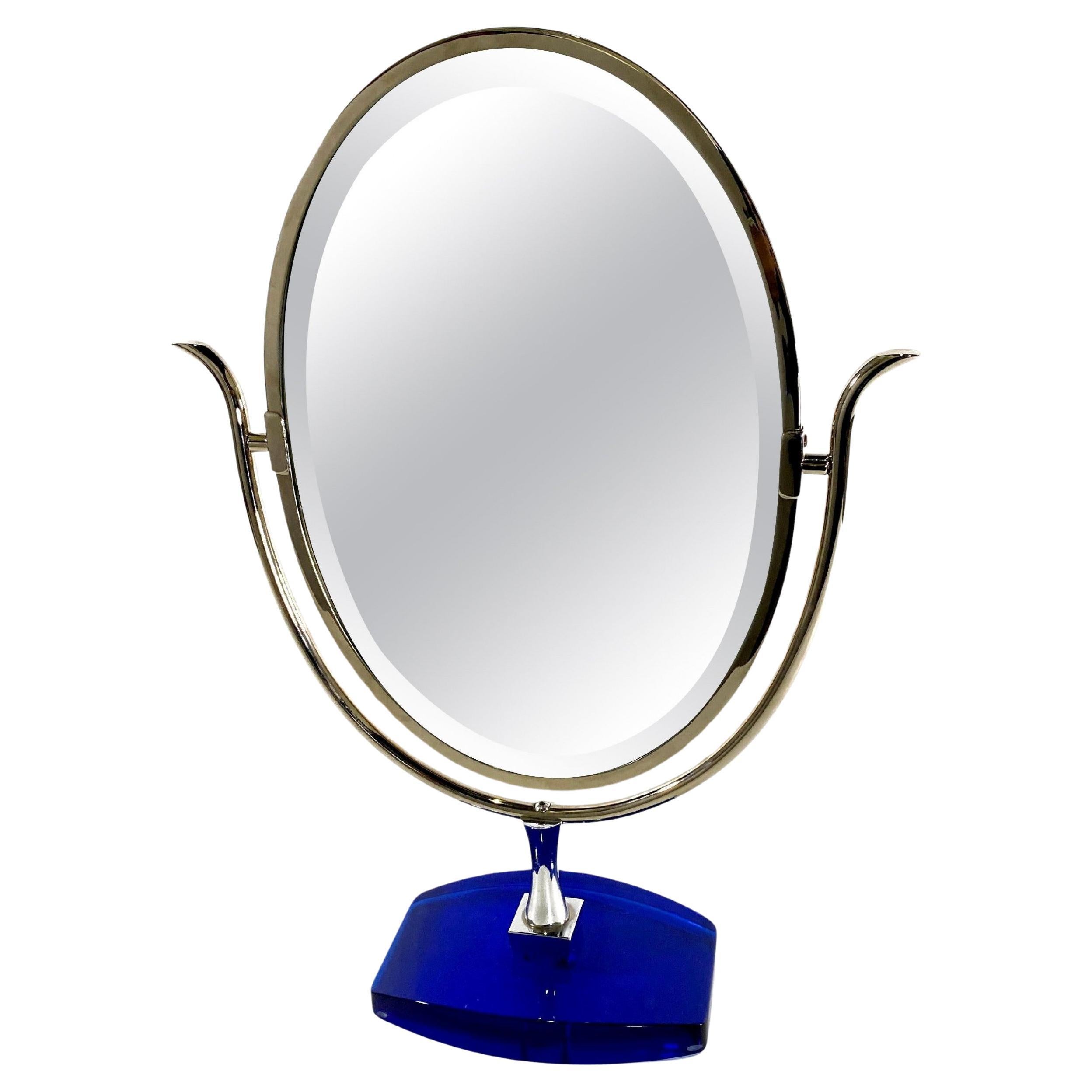 Miroir de coiffeuse moderne américain en nickel poli et lucite bleue, Charles Hollis