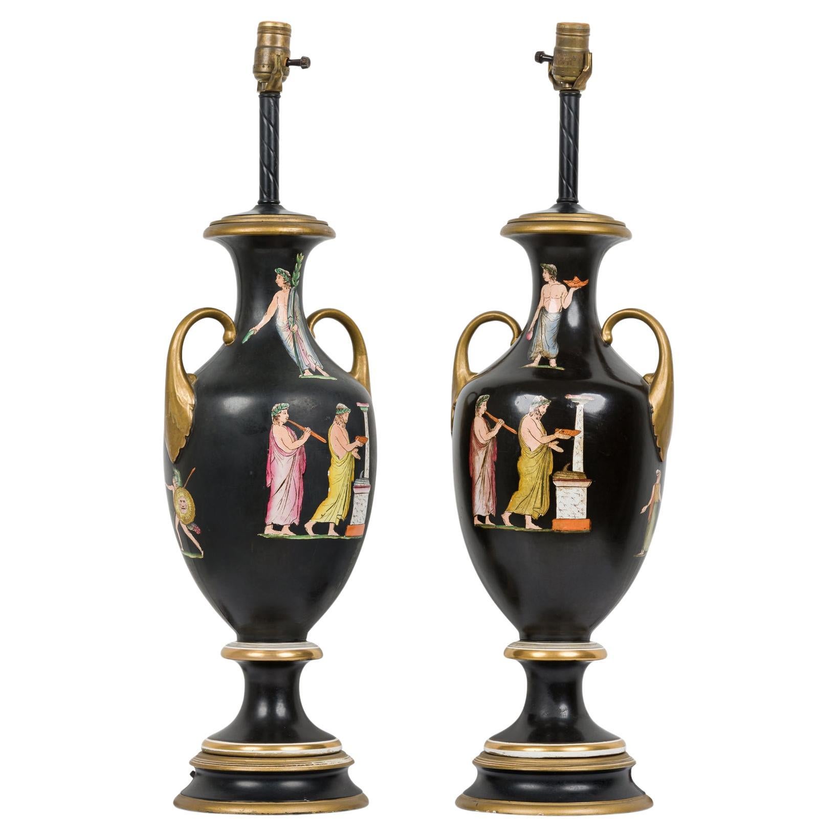 Victorian Ceramic Urn Lamps by Samuel Alcott, 1890, Black and Gilt
