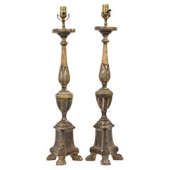 Pair of Italian Rococo Hand-Painted Wooden Table Lamps, 20th Century