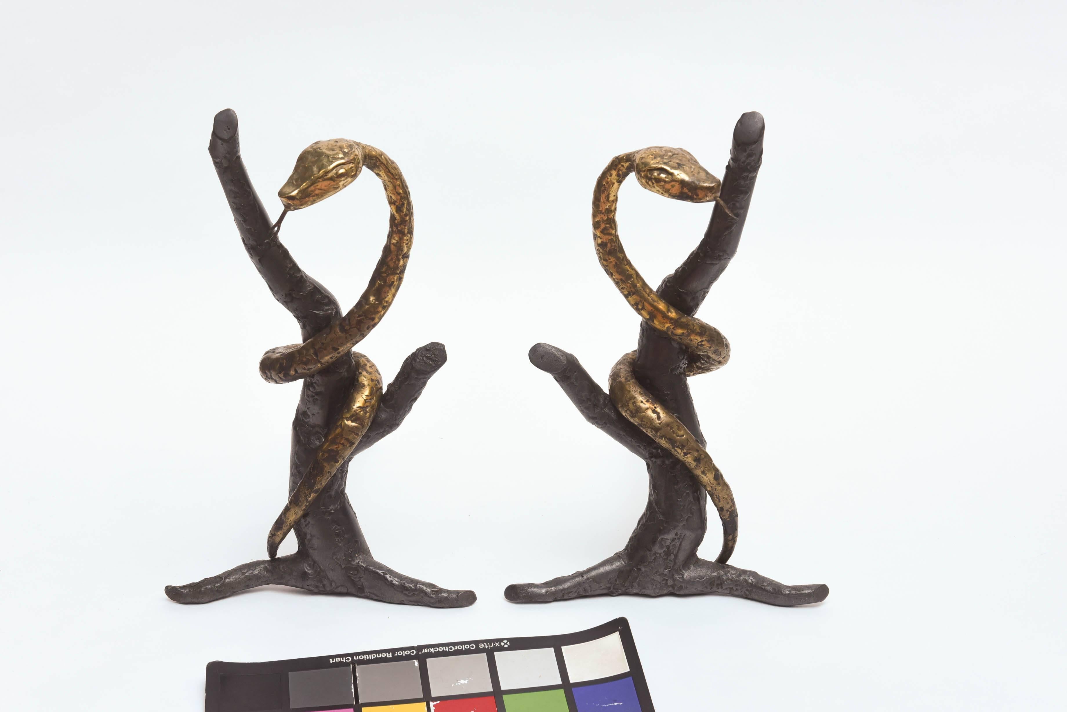 Most unusual. The brass snakes are detachable from the branch form iron stands.