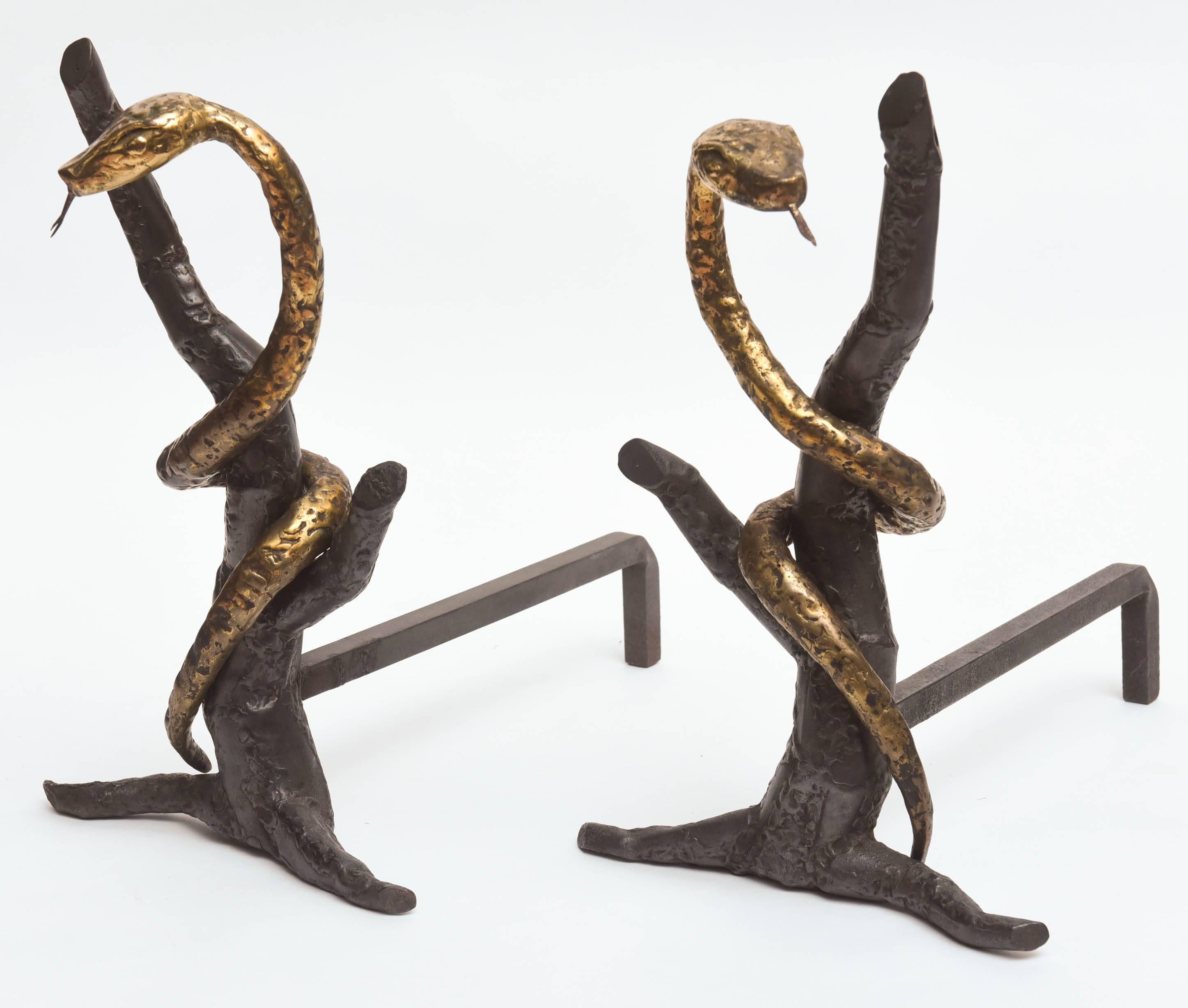 Unusual Pair of Mid-Century Snake Design Andirons  In Good Condition In West Palm Beach, FL