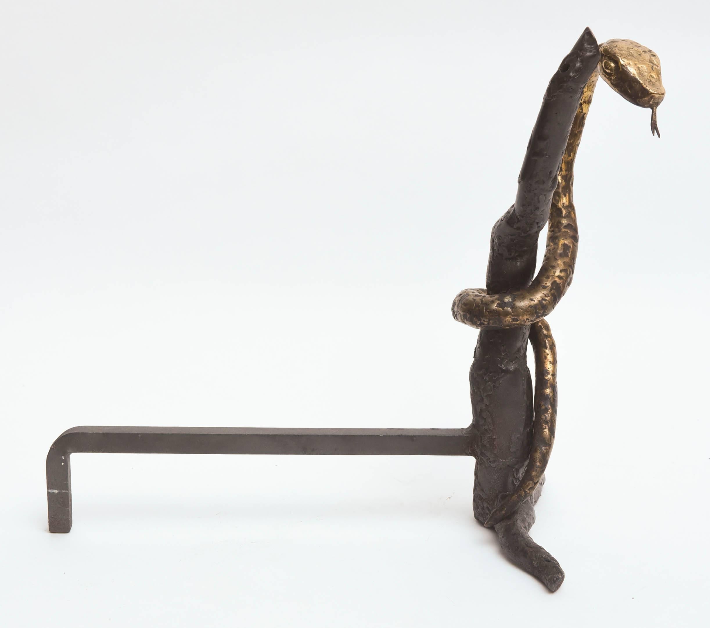 Brass Unusual Pair of Mid-Century Snake Design Andirons 