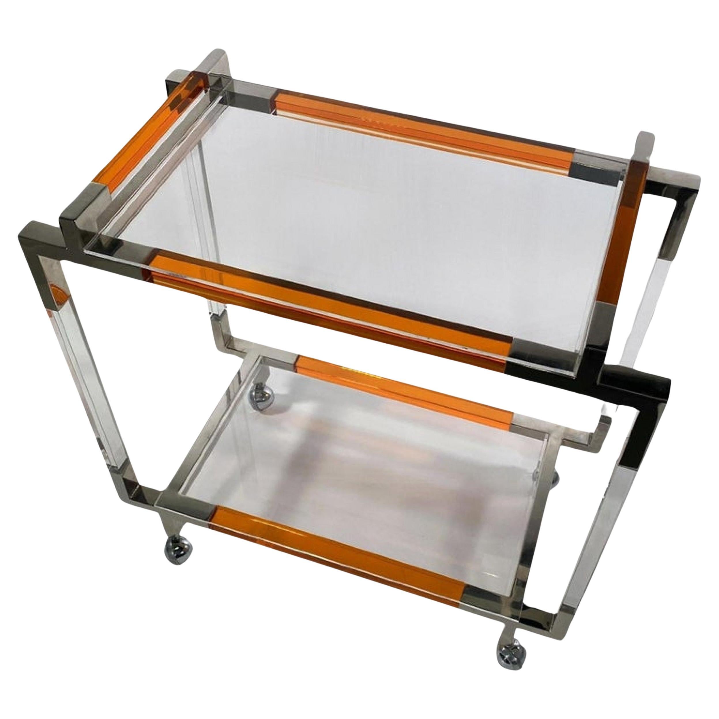 American Modern Orange Lucite & Polished Nickel, Bar Cart, Charles Hollis Jones