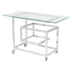 Mid-Century American Chrome Rolling Greek Keyfret Bar Cart Frame, Style of Milo