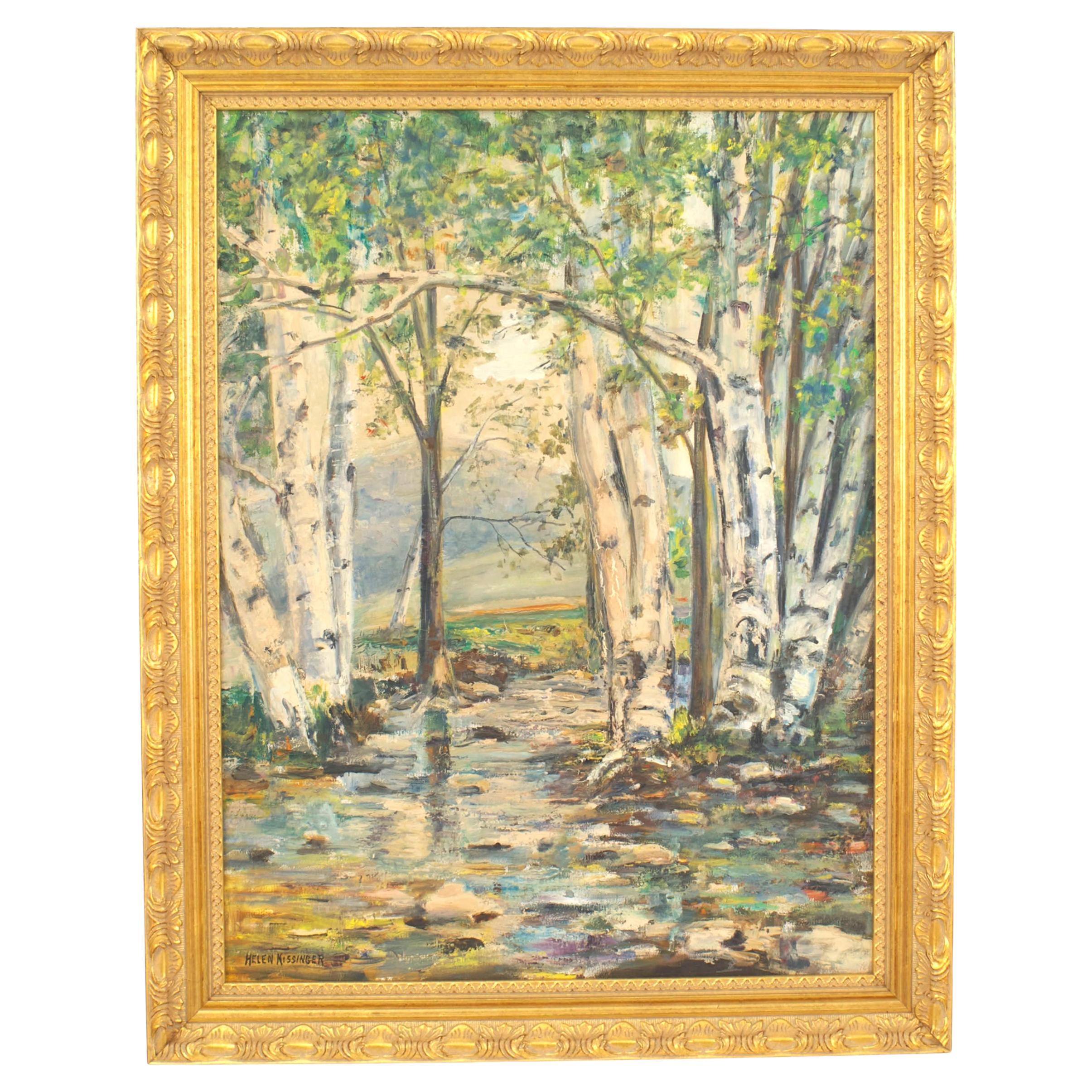 Mid-Century Modern Forest Oil Painting, Hand-Painted, 20th Century For Sale