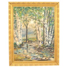 Dipinto a olio in stile Mid-Century Modern raffigurante una foresta, dipinto a mano, XX secolo