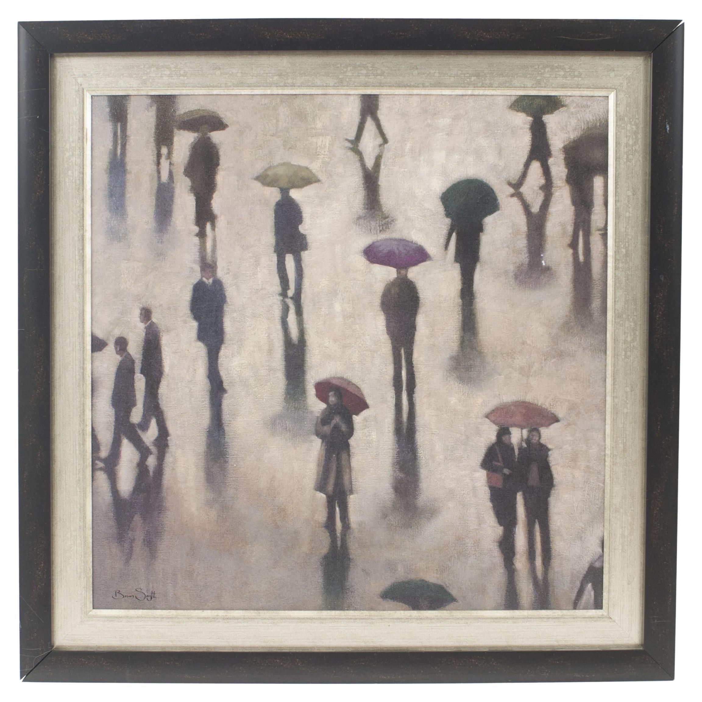 Modern Framed Oil Painting of a Rainy Street, 20th Century Style