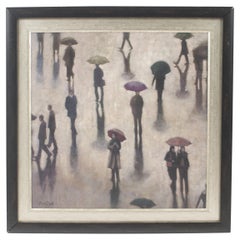 Modern Framed Oil Painting of a Rainy Street, 20th Century Style