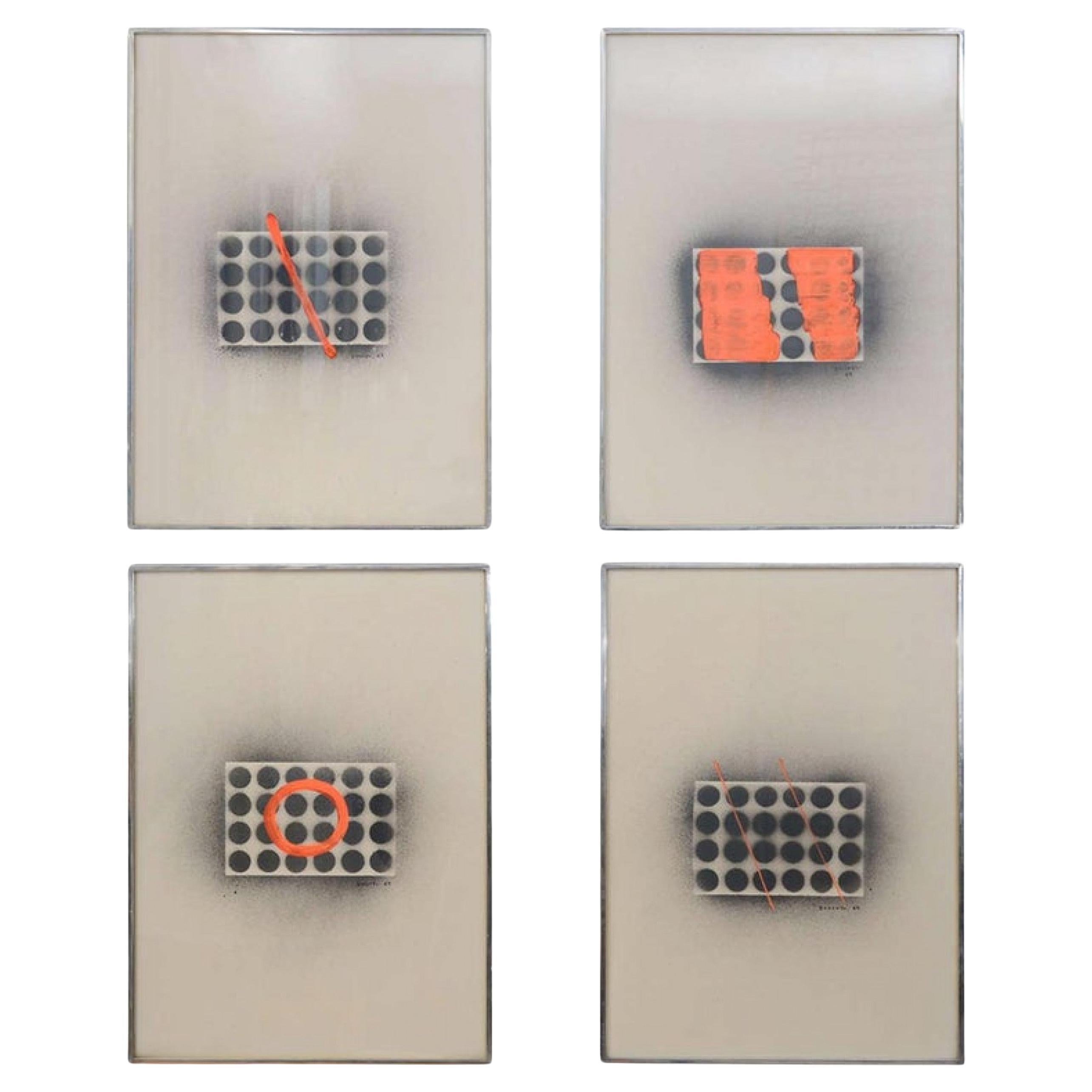 Set di 4 opere giapponesi su carta di Hisao Domoto con marcatura arancione