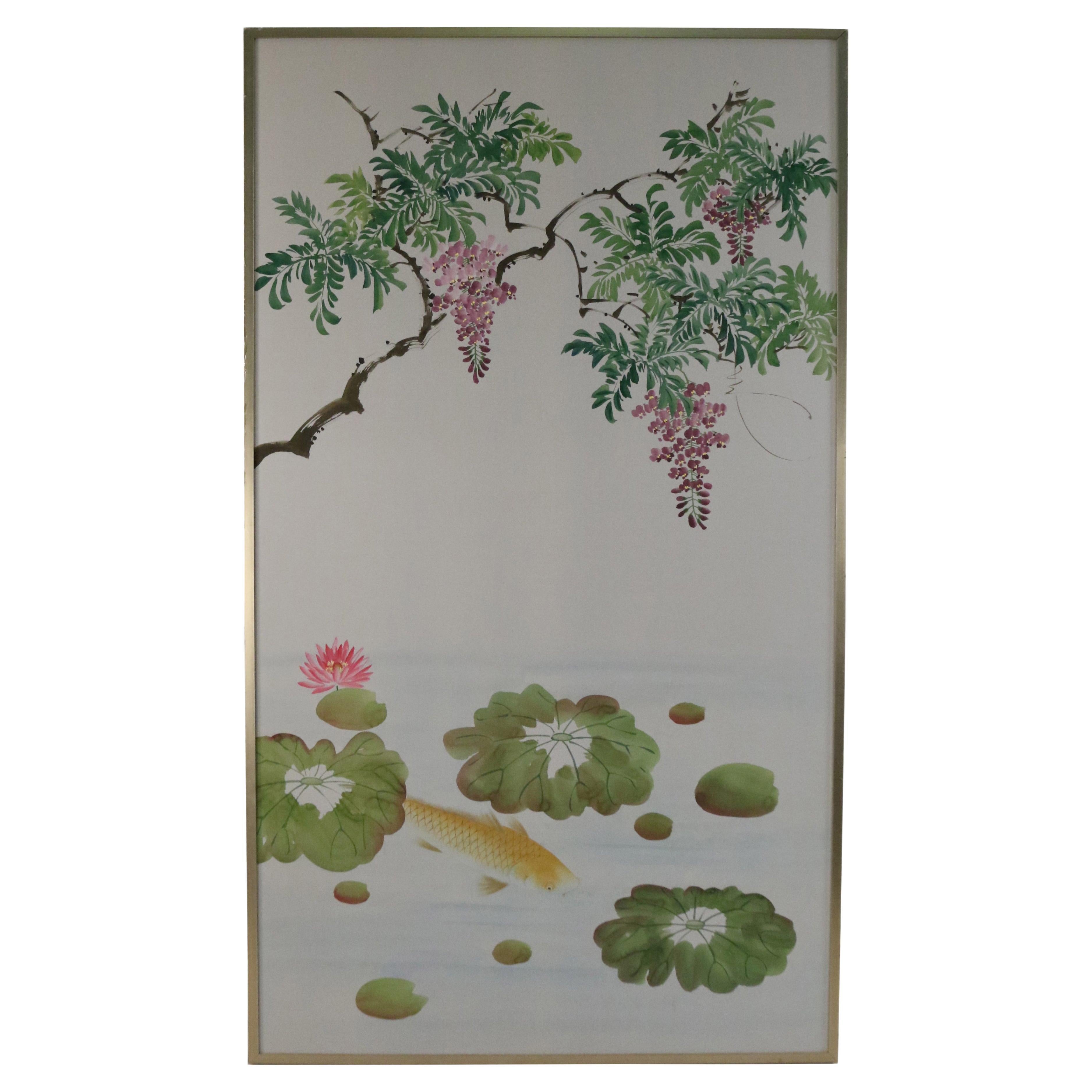 Mid-Century Koi Fish and Tree Painted Silk Panel