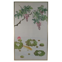 Mid-Century Koi Fish and Tree Painted Silk Panel