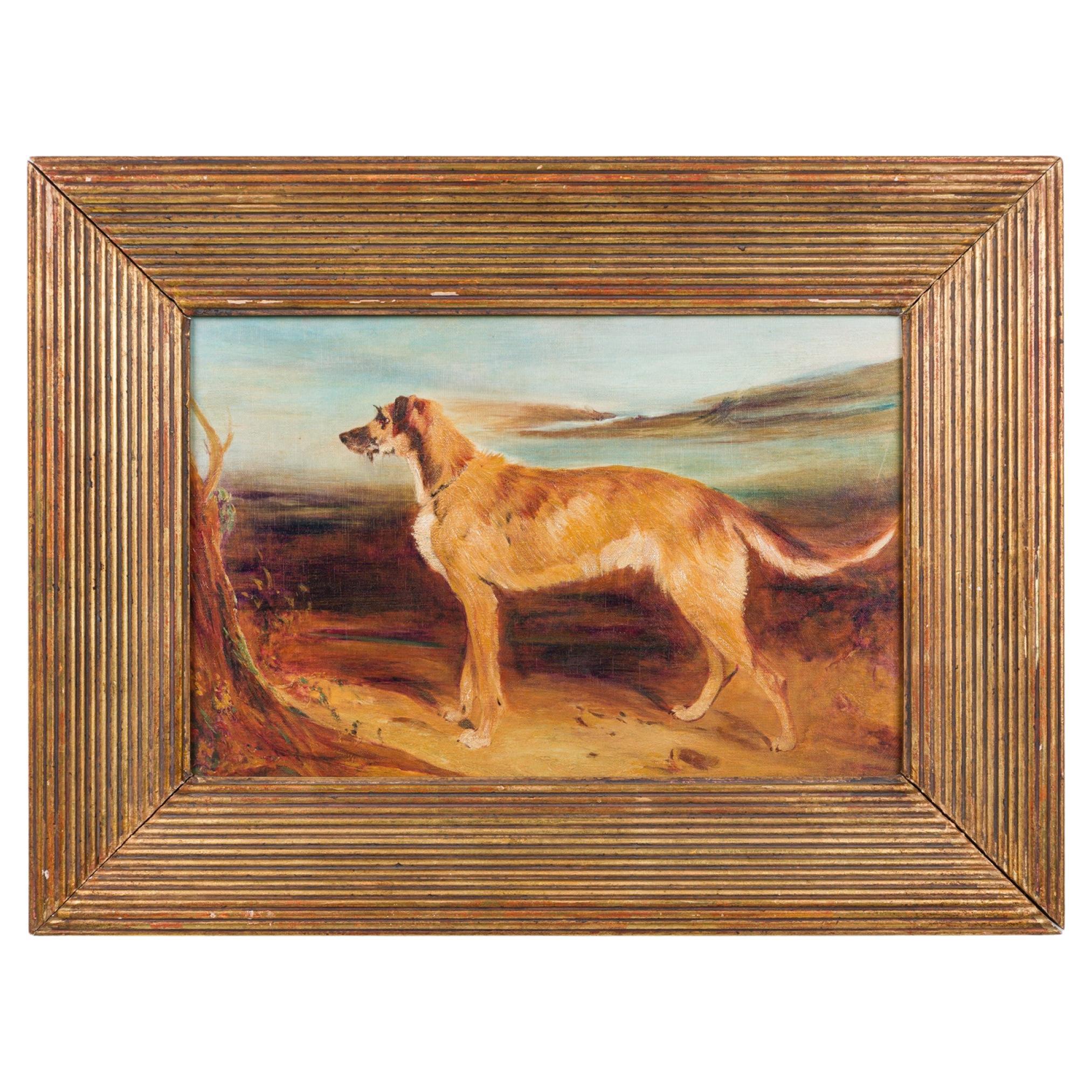 Victorian Style Landscape Painting Featuring a Deerhound For Sale