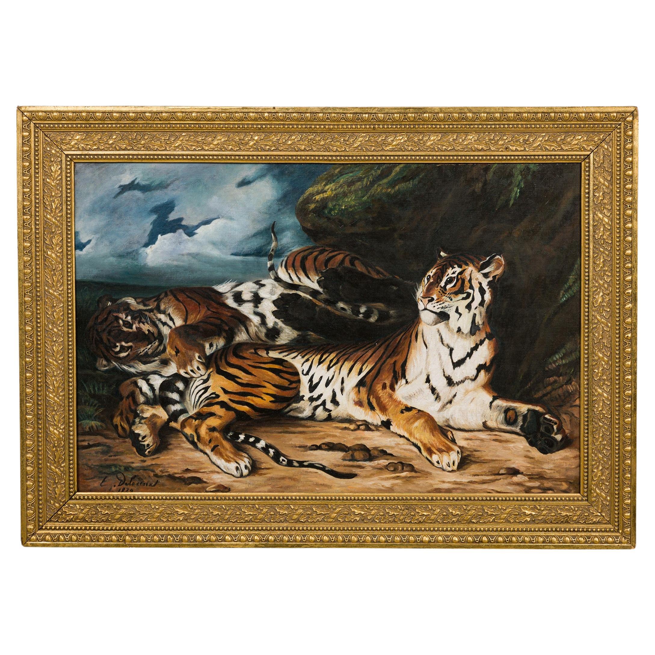 Victorian Hand-Painted Study of Tigers, Late 20th Century Artwork