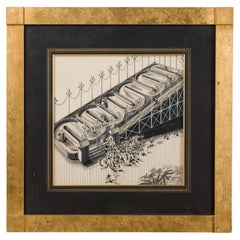 Art Deco Ink Drawing of Amusement Park Scene, 20th Century, Framed