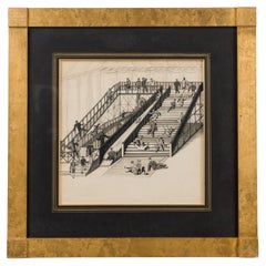 Art Deco Ink Drawing of Amusement Park Scene, 20th Century, Framed