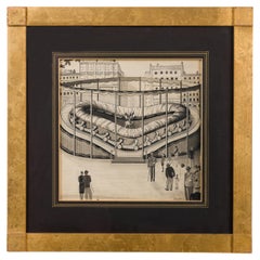 Art Deco Ink Drawing of Amusement Park Scene, Gilt Frame, 20th Century