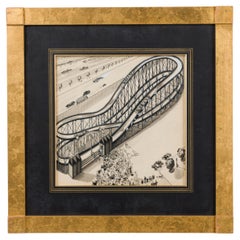 Art Deco Ink Drawing of Amusement Park Scene, Gilt Frame, 20th Century