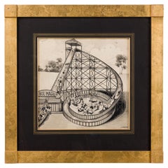 Art Deco Ink Drawing of Amusement Park Scene, Gilt Frame, 20th Century