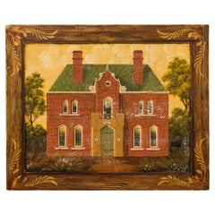20th Century Hand-Painted English Country Brick House Acrylic Art