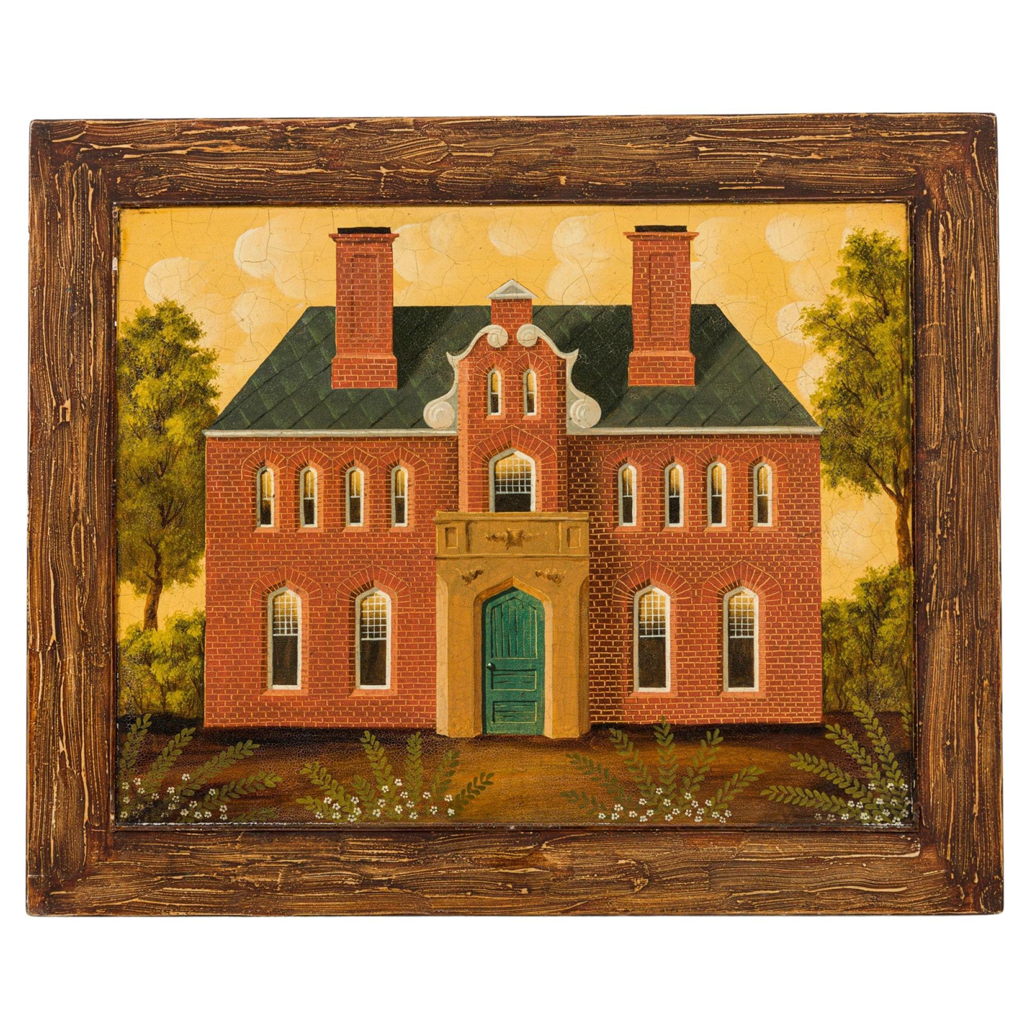 20th Century Hand-Painted English Country Brick House Acrylic Art
