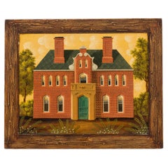 20th Century Hand-Painted English Country Brick House Acrylic Art