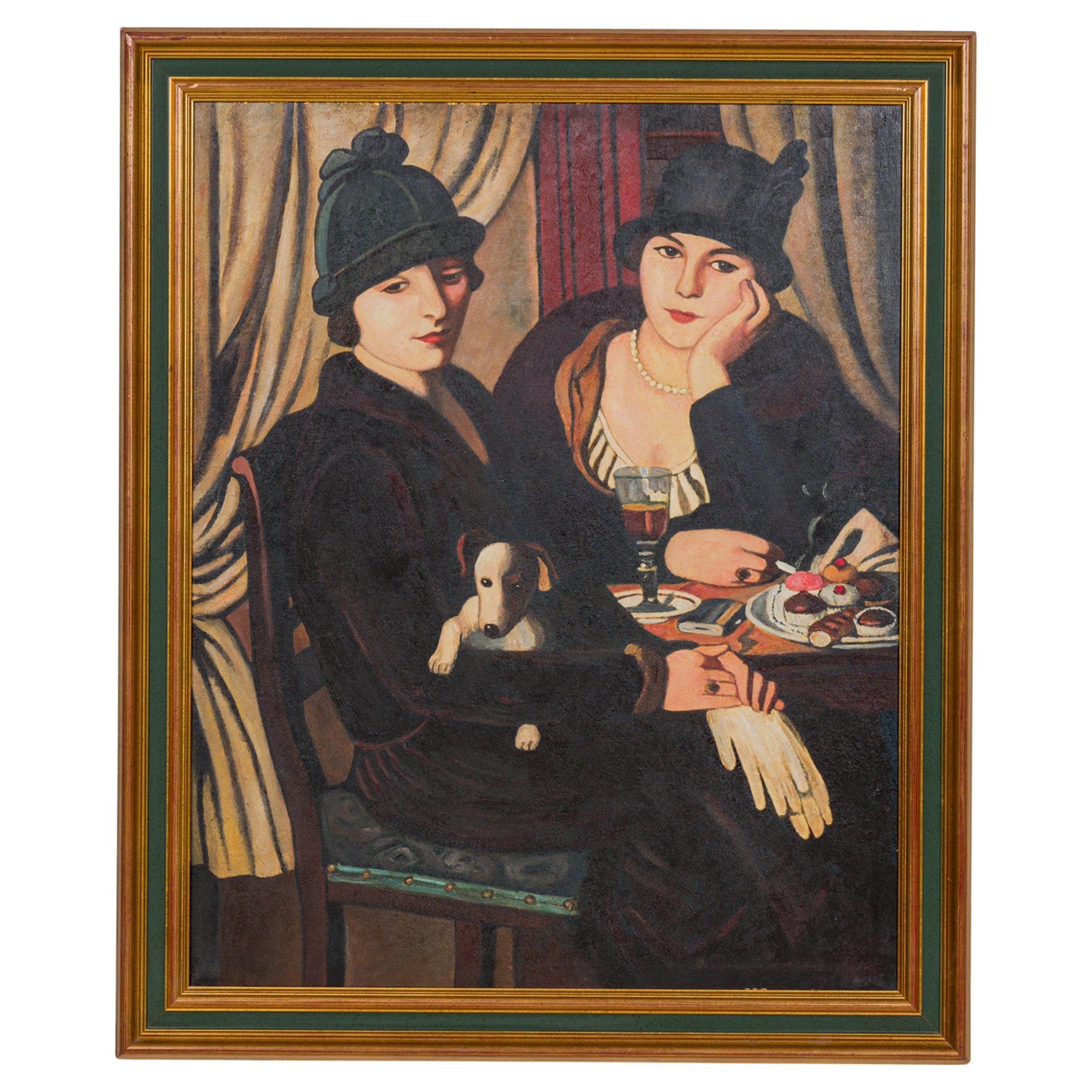 Women at a Café Hand-Painted Art, Mid-Century Modern Style For Sale