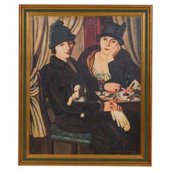 Des femmes dans un café : œuvres d'art peintes à la main, style moderne du milieu du siècle