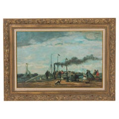 Antique Trouville Seaside Painting, 31x42 Inches, Good Condition