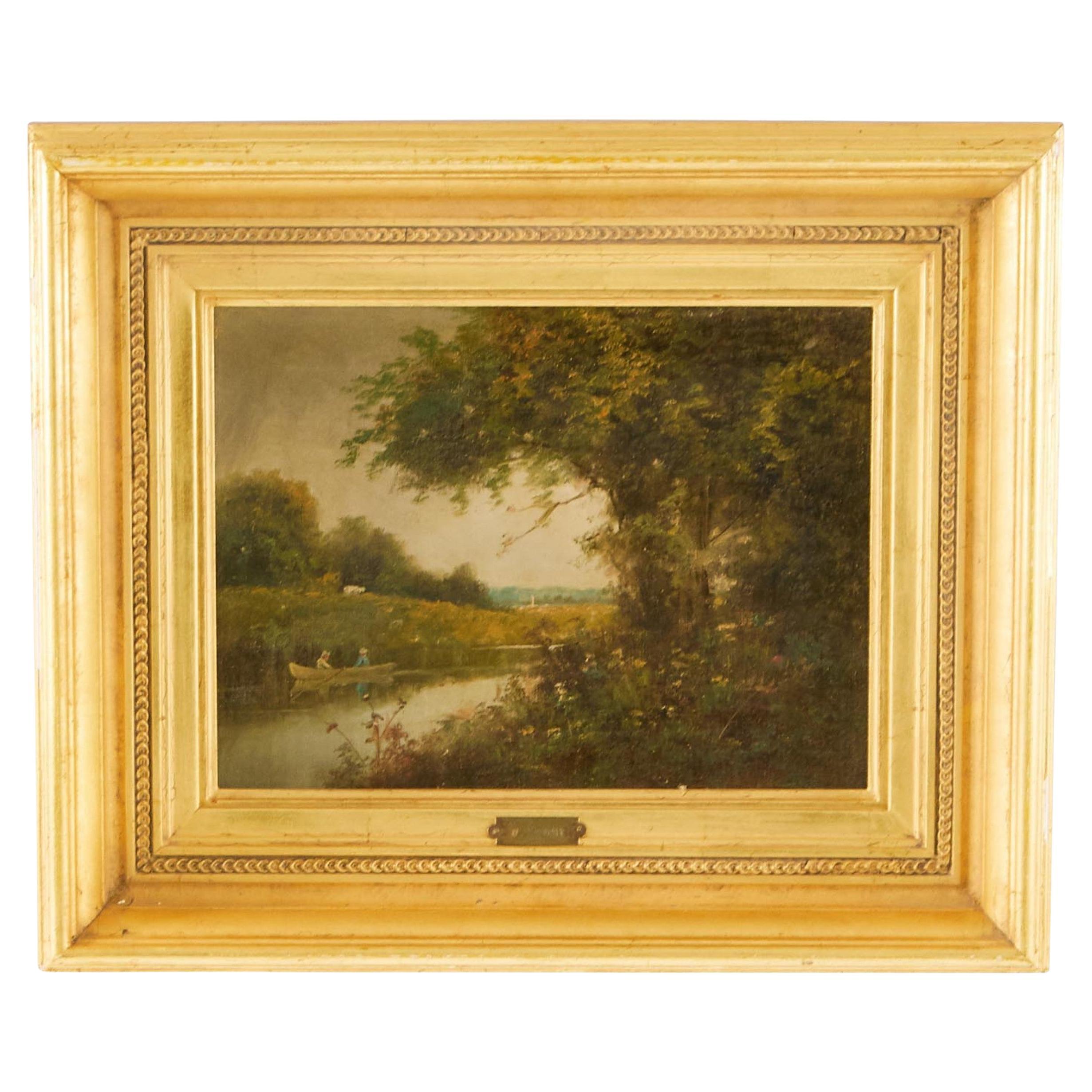 Landscape of a Pastoral Scene of Rowers, Victorian Oil on Canvas