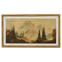 American Victorian Landscape Painting, Wooden House, Signed, 31x54"