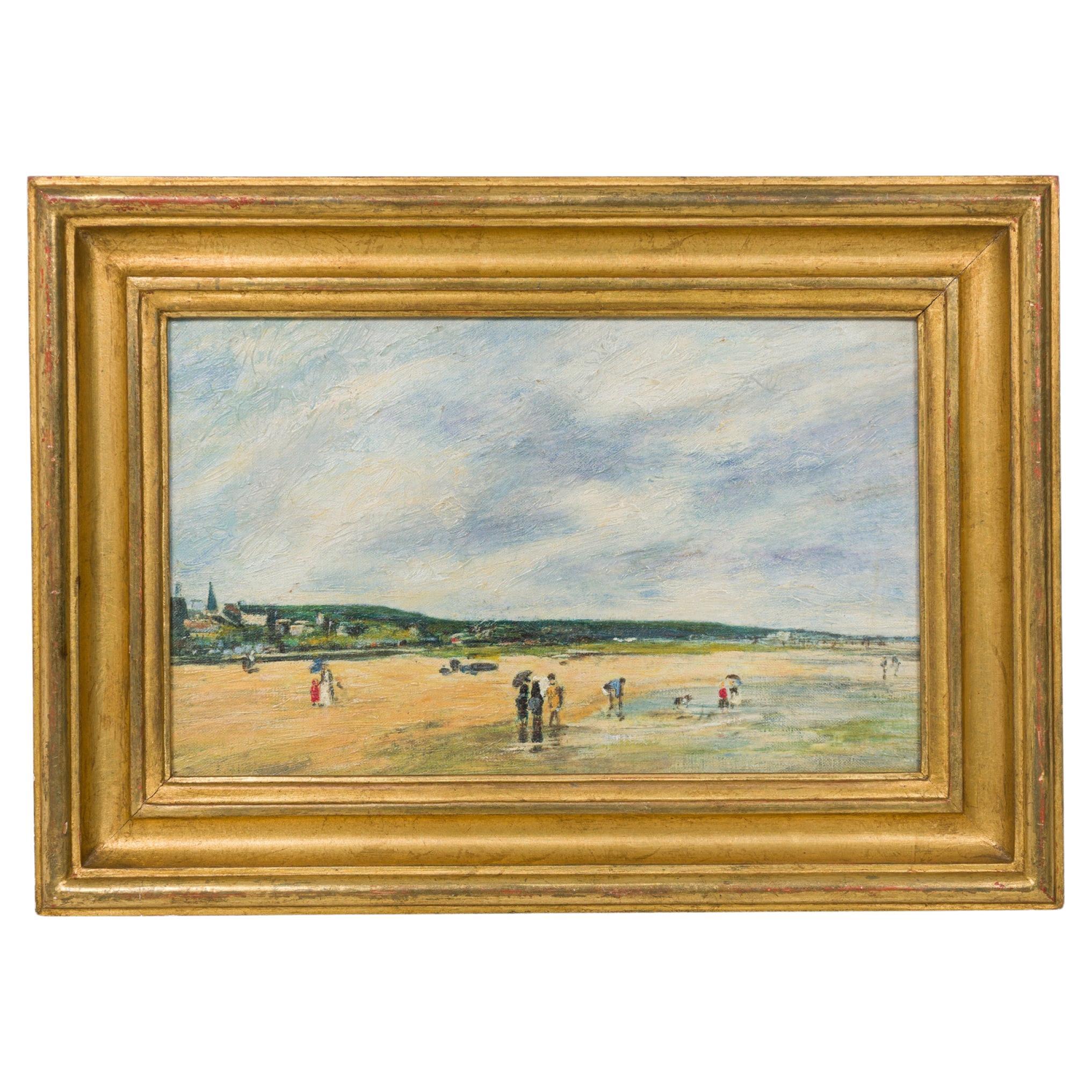 Beach at Deauville Landscape Painting, French Impressionist, Antique