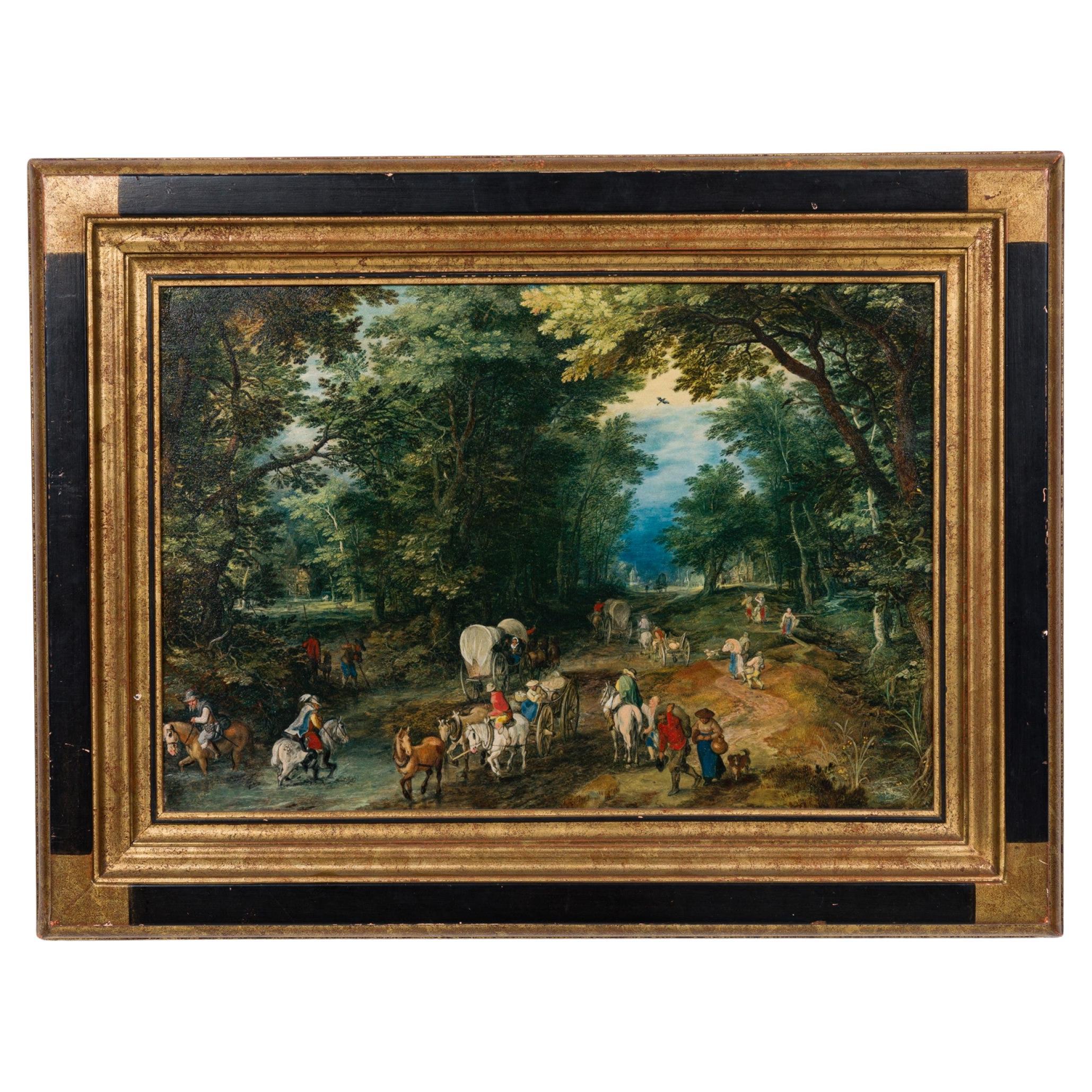 Hand-Painted Biedermeier Style Landscape with Ford, Late 20th Century For Sale