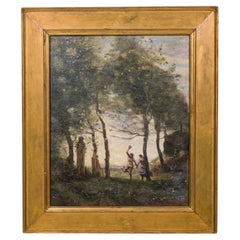 Hand-Painted Victorian Landscape Under Trees, Late 20th Century