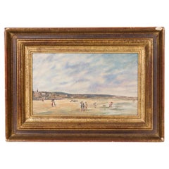 Hand-Painted Beach Scene Landscape, Victorian Style, Late 20th Century